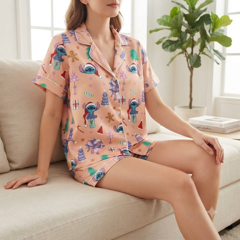 PJ-M2182-Disney Stitch Christmas Satin Pajama Set, Pink Holiday Alien Cartoon Sleepwear Gift