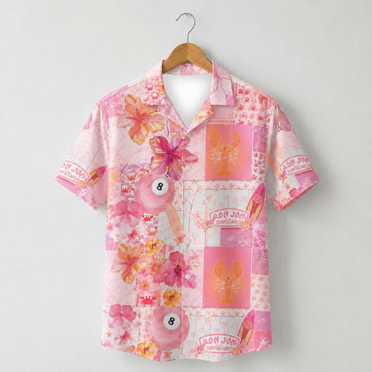 HW-M117-Retro Pink Patchwork Surfboard Lobster Eightball Hibiscus Floral Hawaiian Shirt Summer Beach Vacation Top
