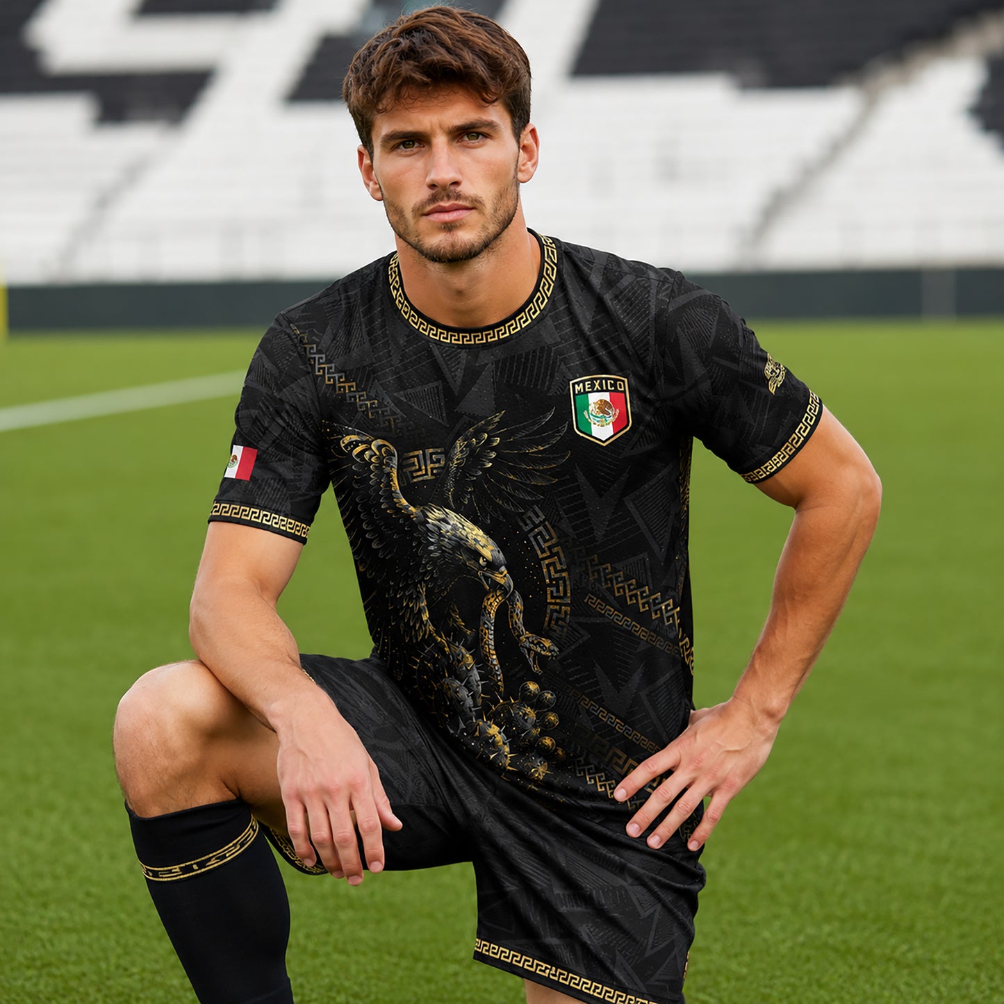 SJ-342-Black Mexico Aztec Eagle Soccer Jersey, Gold Calendar Football Shirt Sportswear Top FREE SHIPPING