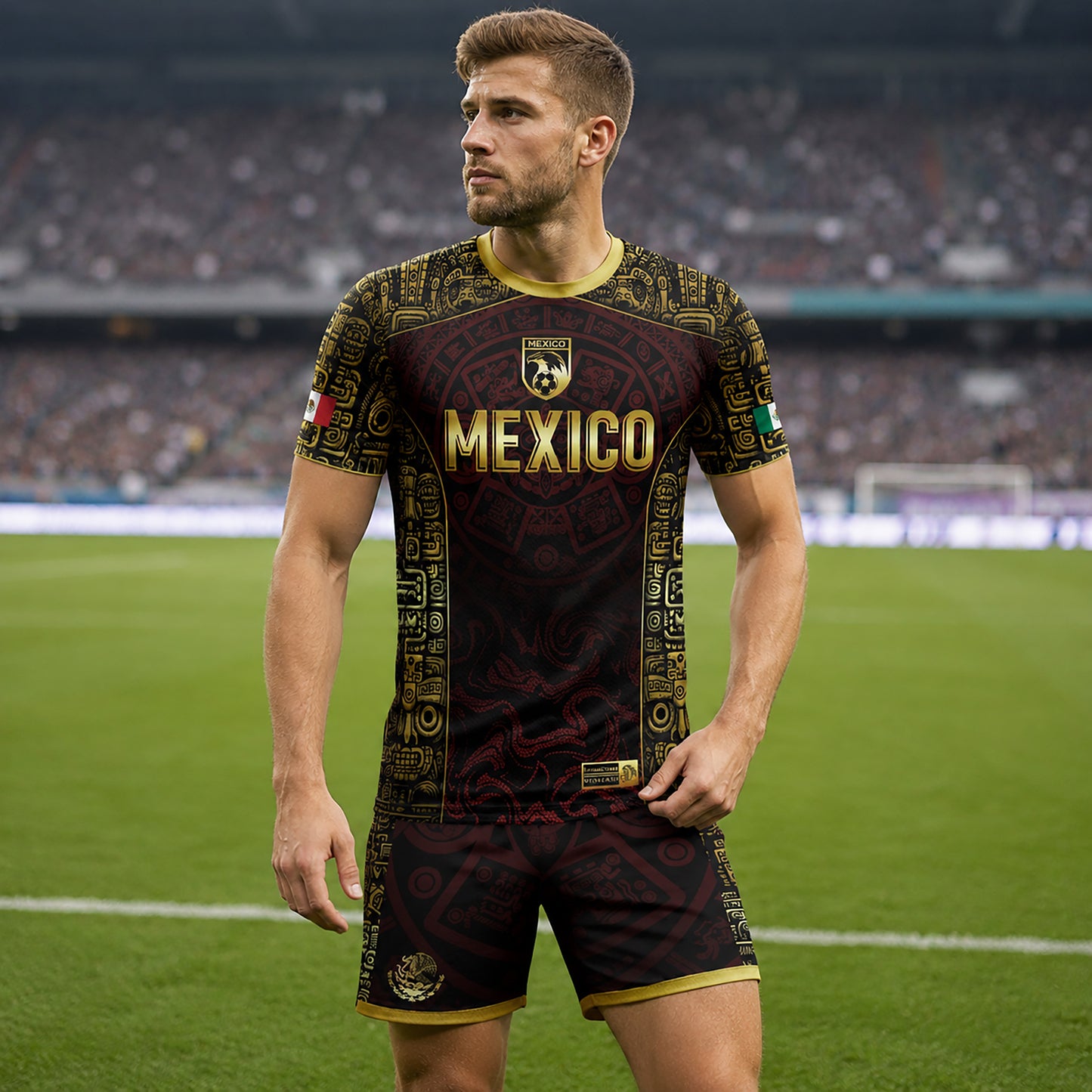SJ-343-Maroon Mexico Aztec Eagle Soccer Jersey, Gold Print Calendar Football Shirt Sportswear Jersey FREE SHIPPING