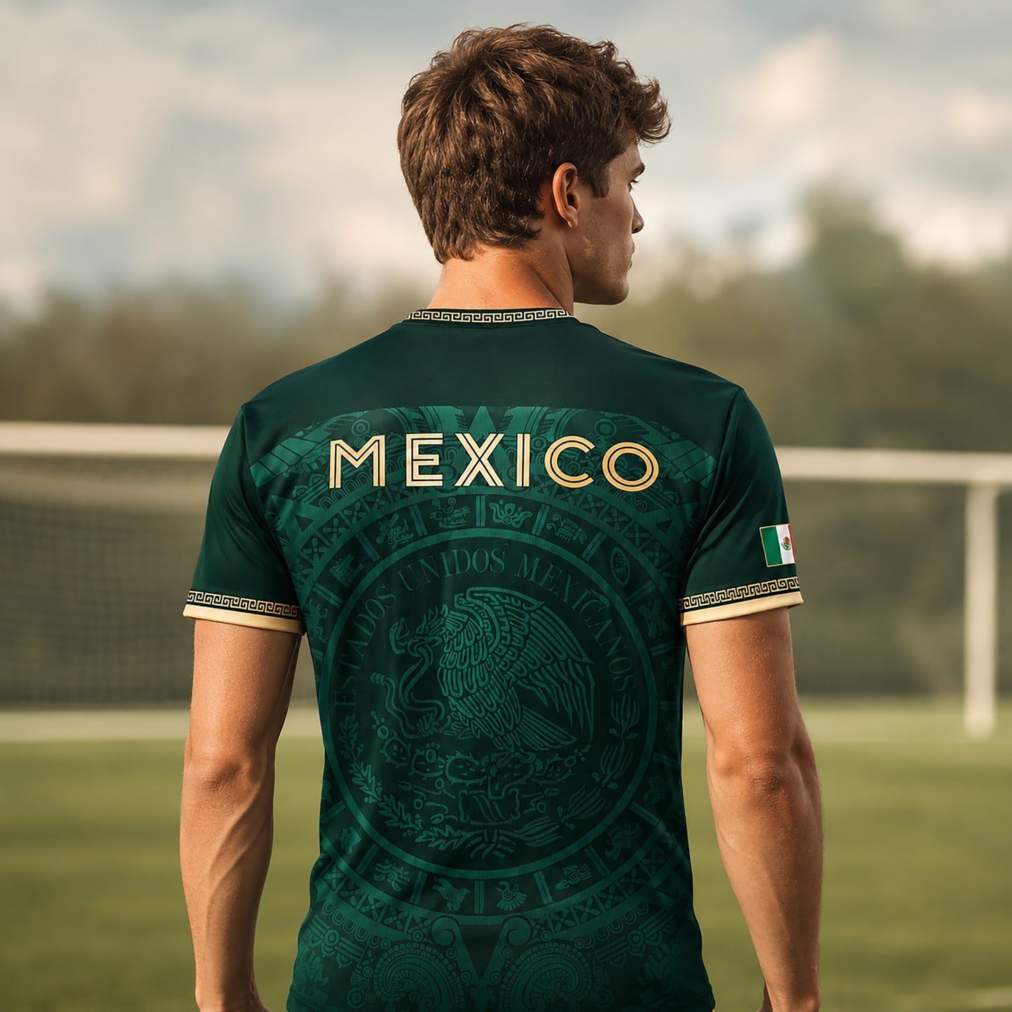SJ-349-Green Mexico Soccer Jersey, Gold Eagle Seal Pattern Athletic Sportswear Collection Outfit FREE SHIPPING