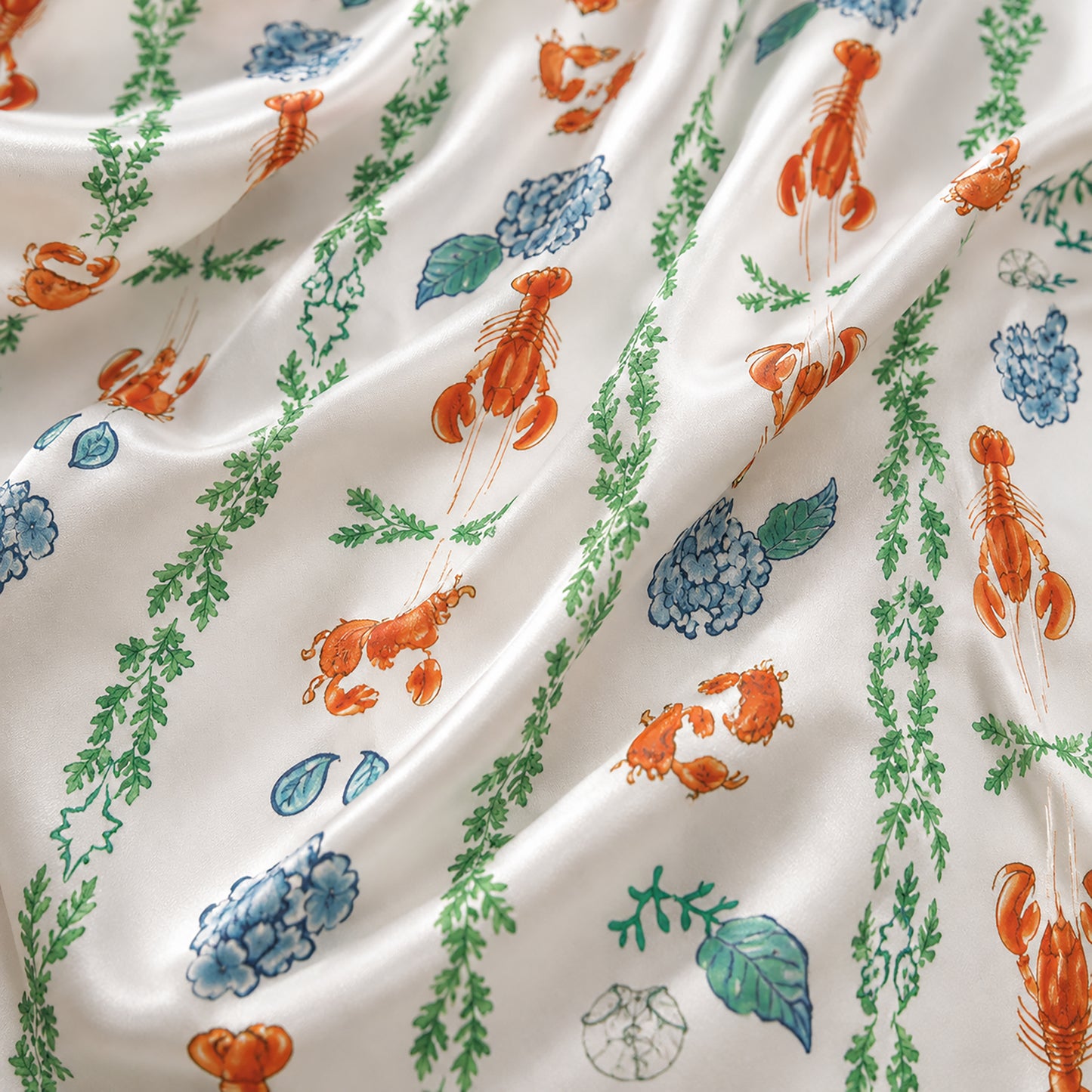 PJ-353-White Satin Lobster Pajama Apparel, Orange Crab Pattern Sleeve Loungewear Sleepwear Collection Clothing