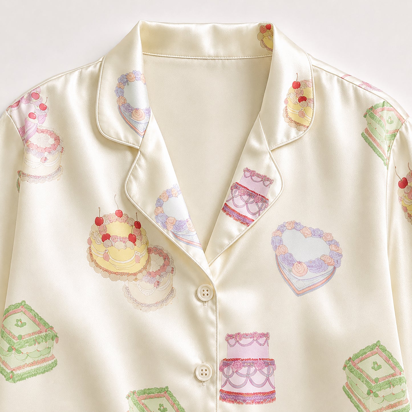 PJ-356-Satin Cake Pajama Apparel, Colorful Dessert Pattern Sleeve Loungewear Sleepwear Collection Clothing