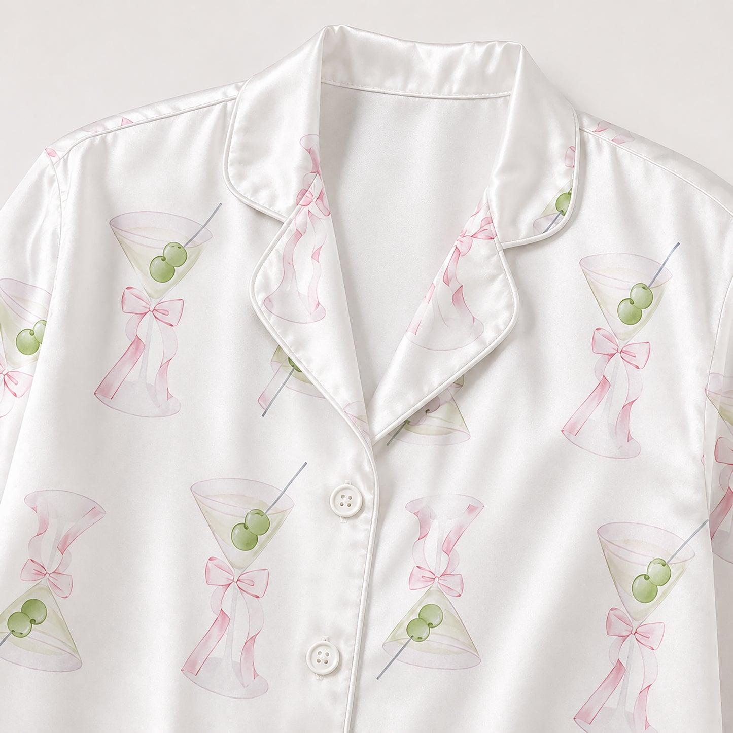 PJ-380-Coquette Martini Glass Satin Pajamas Pink Bow Cocktail Sleepwear Pjs