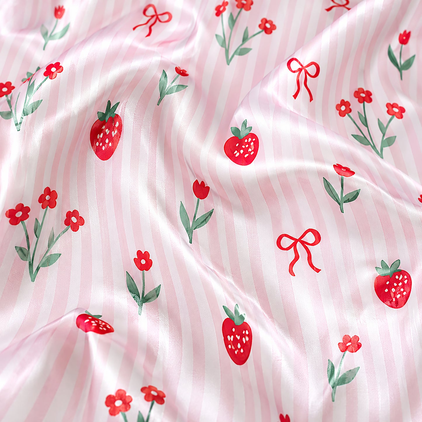 PJ-385-Pink Satin Strawberry Pajama Apparel, Red Ribbon Pattern Sleeve Loungewear Sleepwear Collection Nightwear