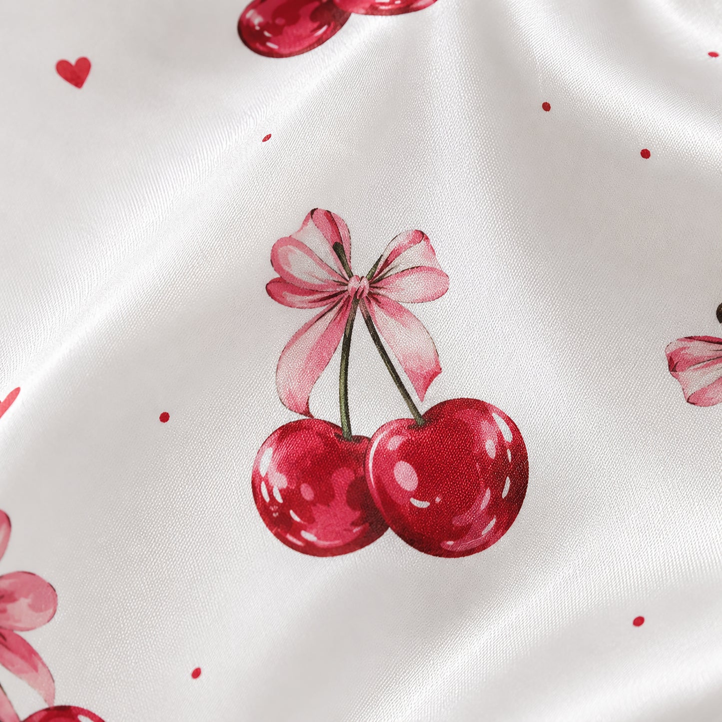 PJ-386-White Satin Cherry Pajama Apparel, Red Berry Pattern Sleeve Loungewear Sleepwear Collection Clothing