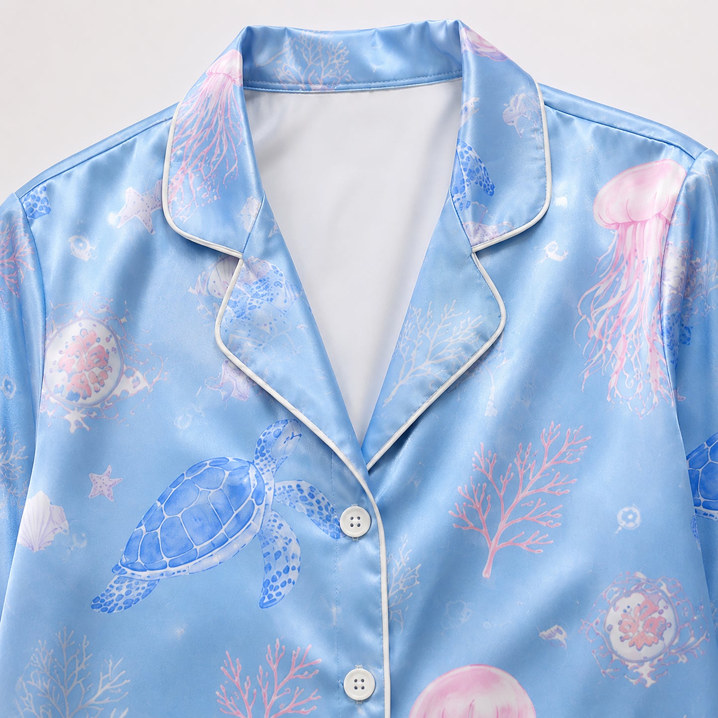 PJ-405-Blue Satin Turtle Pajama Apparel, Pink Jellyfish Pattern Sleeve Loungewear Sleepwear Collection Clothing