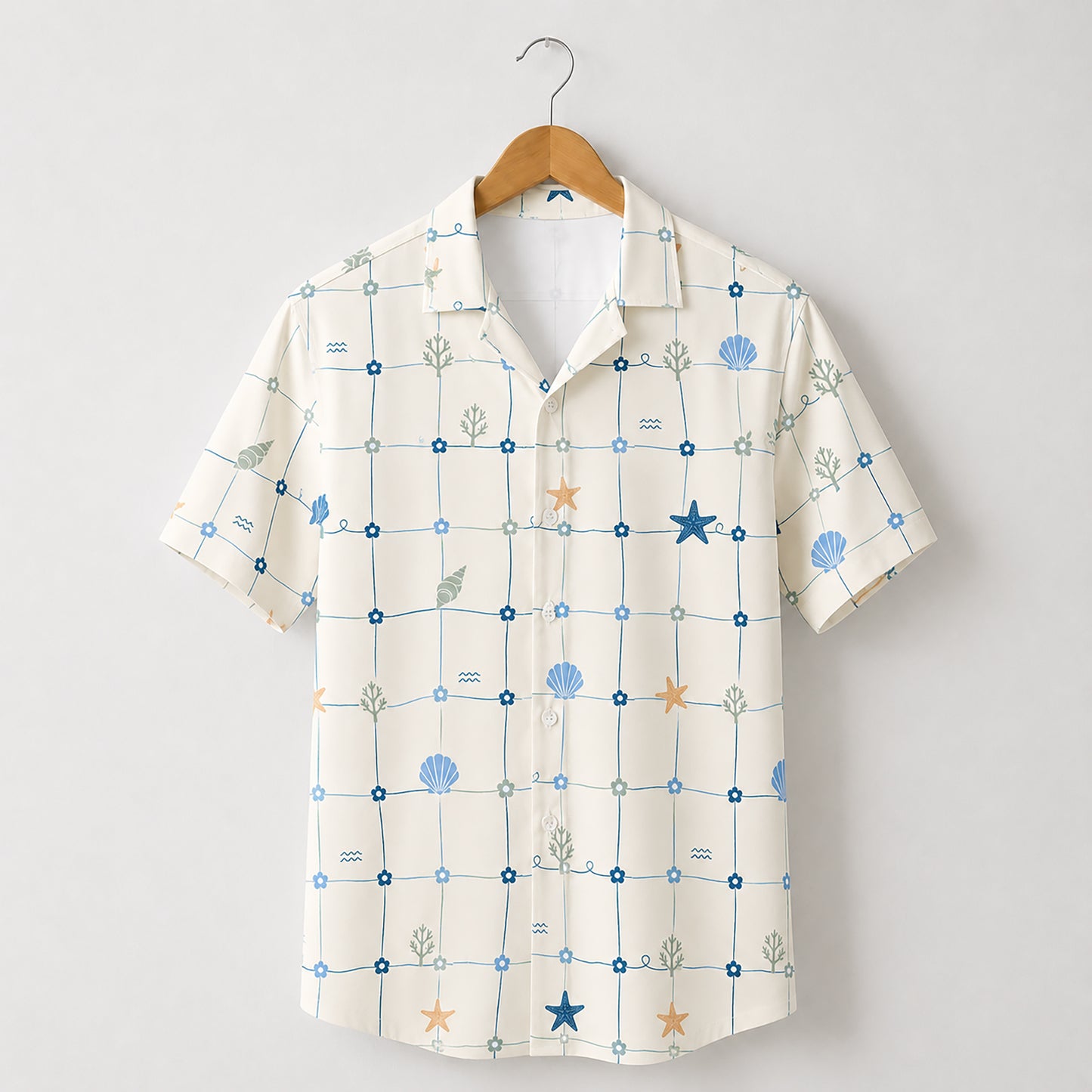 HW-414-Pastel Tropical Stamp Hawaiian Shirt Retro Coastal Vacation Beachwear Top