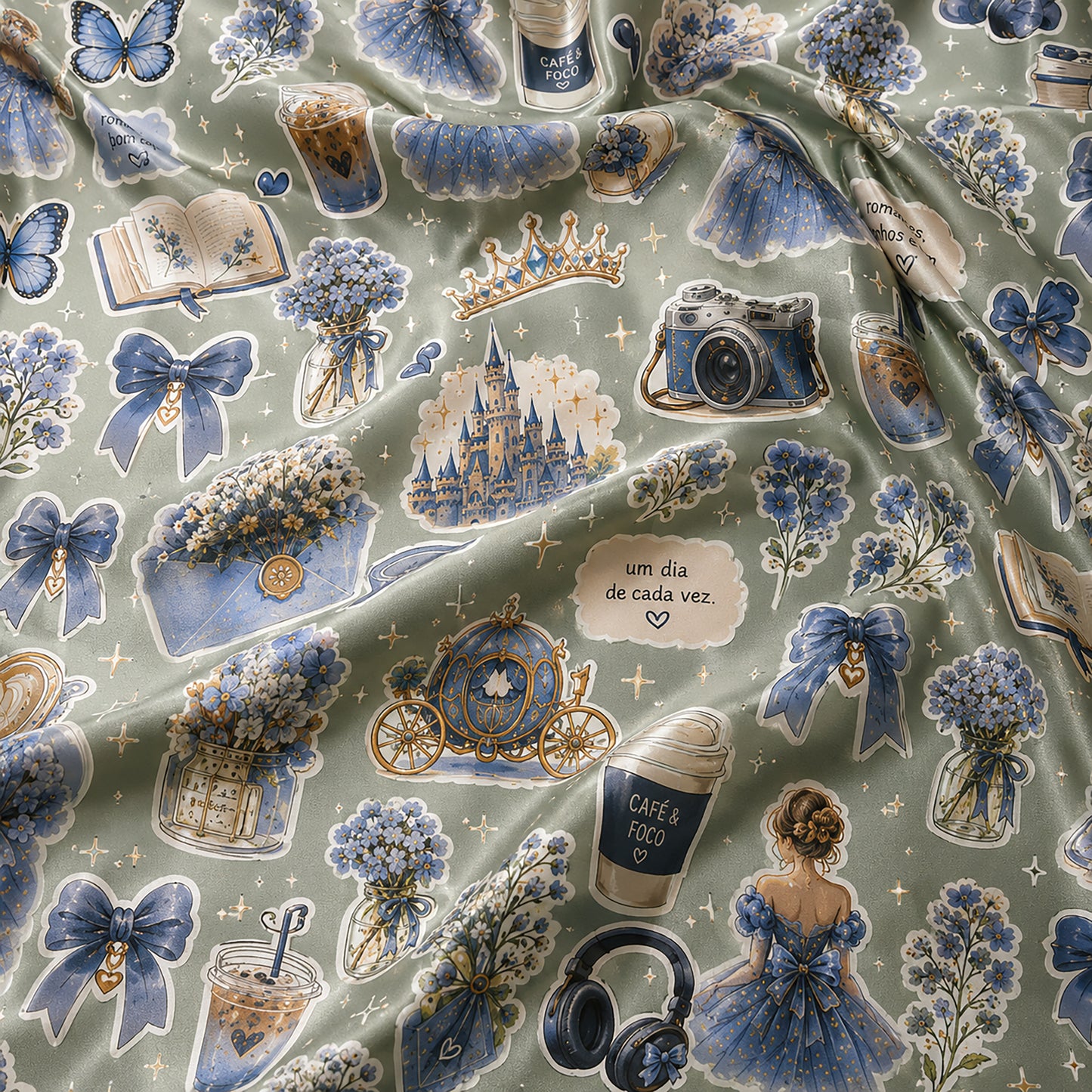 PJ-422-Enchanted Storybook and Blue Bow Motif Sage Green Satin Lounge Set