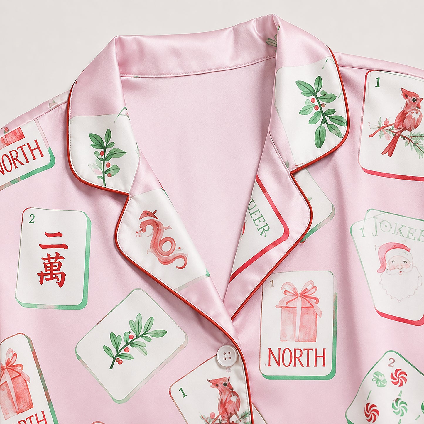 PJ-442-Festive Holiday Christmas Mahjong Tile Print Pink Satin Button Down Sleepwear Pajama Lounge Set
