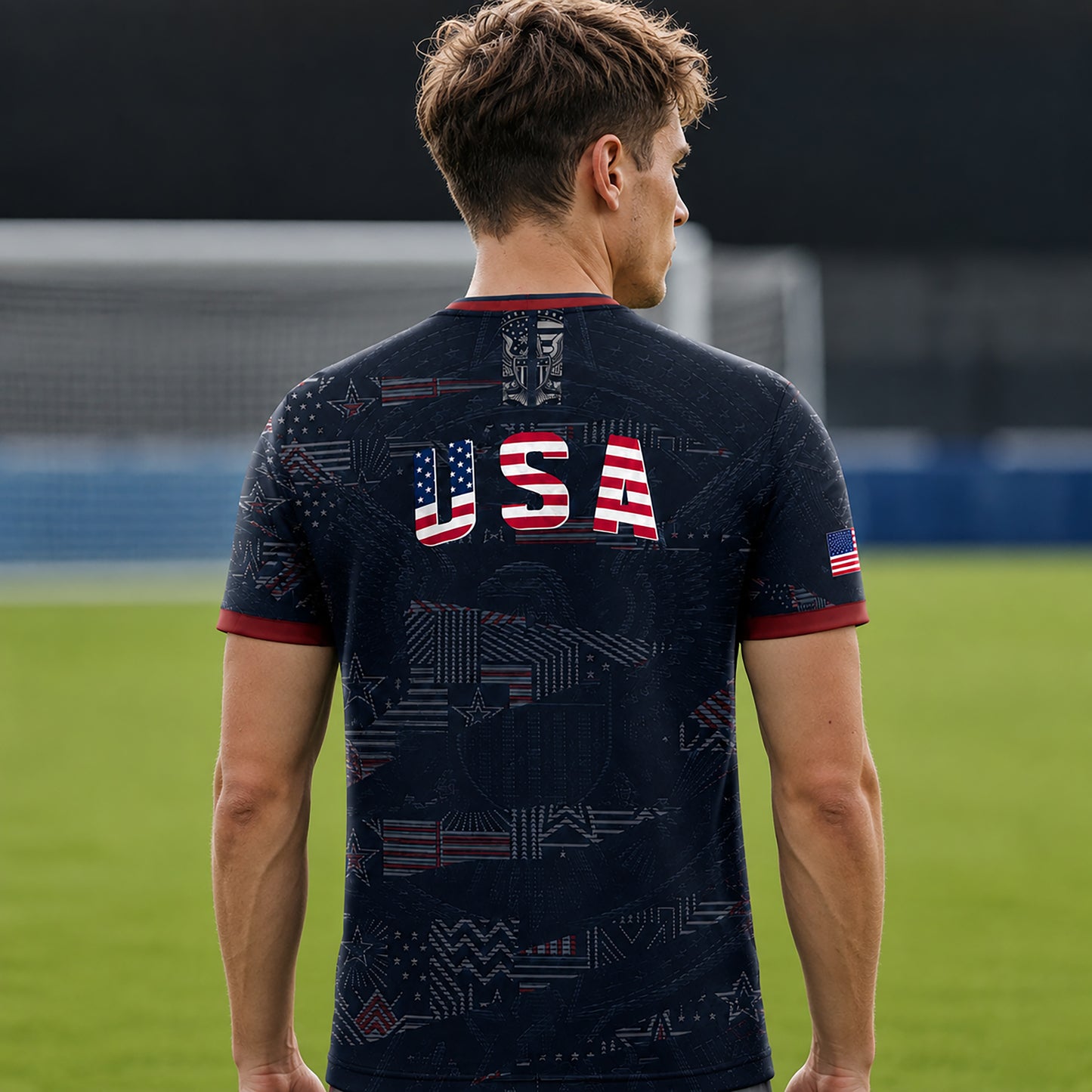 SJ-449-USA National Team Patriotic Flag Graphic Dark Navy Blue Football Soccer Jersey Uniform Set FREE SHIPPING