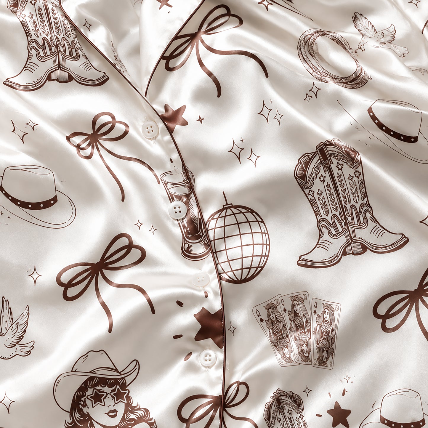 PJ-453-White Satin Cowgirl Pajama Apparel, Brown Boot Pattern Sleeve Loungewear Sleepwear Collection Clothing