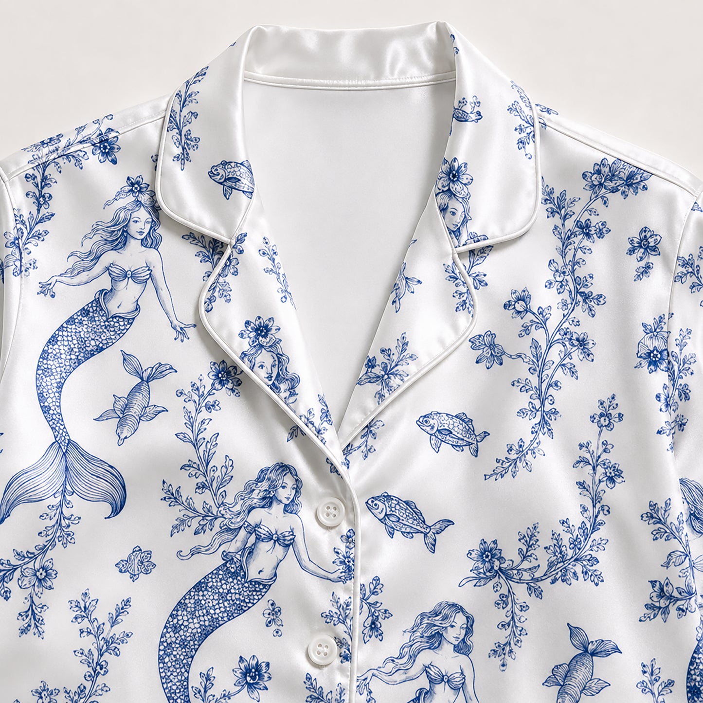 PJ-455-Elegant Blue Mermaid And Sea Coral Print White Satin Button Down Lounge Pajama Set