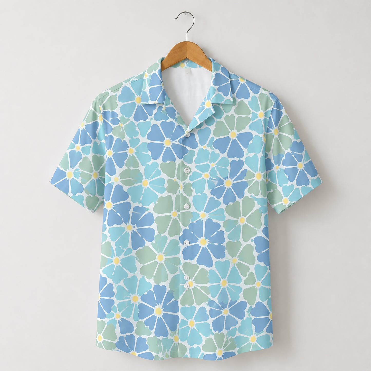 HW-463-Blue Polyester Hawaiian Resort Shirt, Pastel Floral Pattern Button Down Top Beachwear Clothing