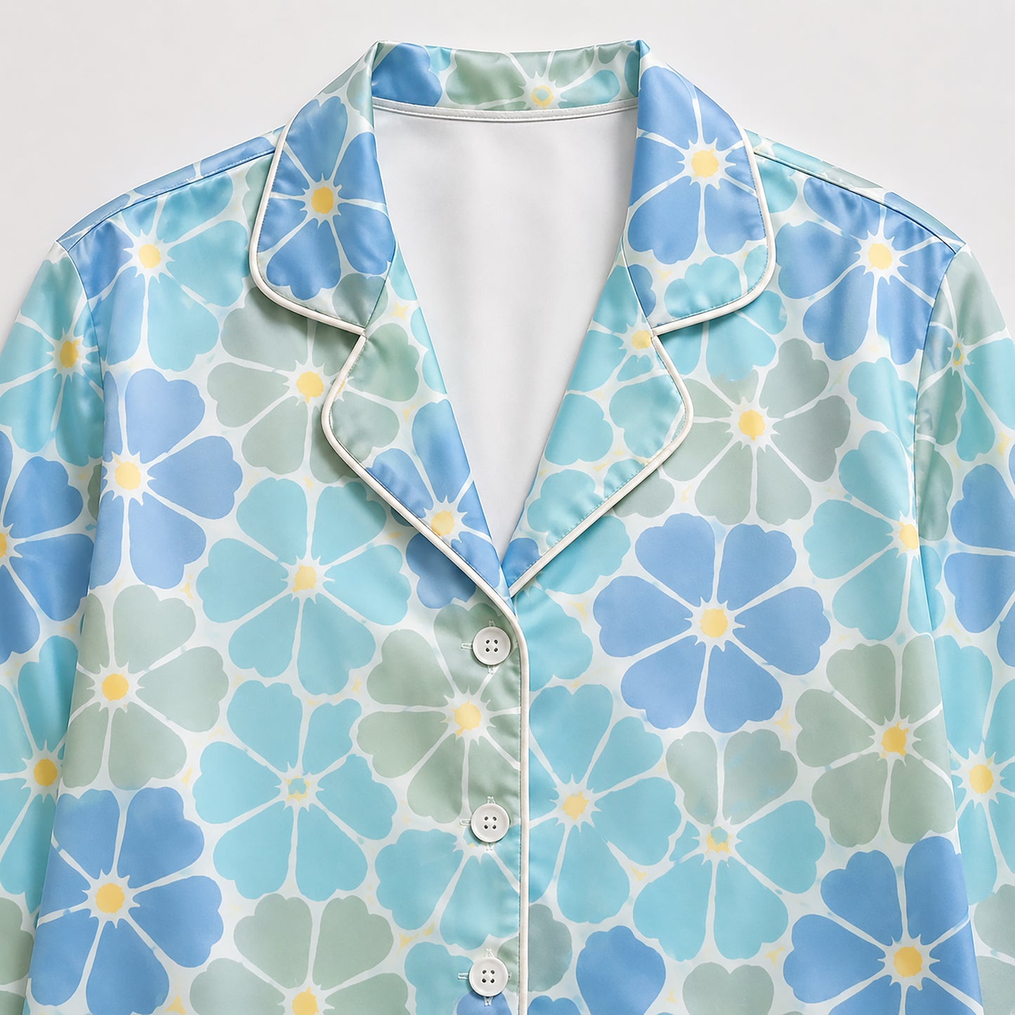 PJ-463-Blue Satin Floral Pajama Apparel, Pastel Petal Pattern Loungewear Sleepwear Collection Top Bottom Clothing