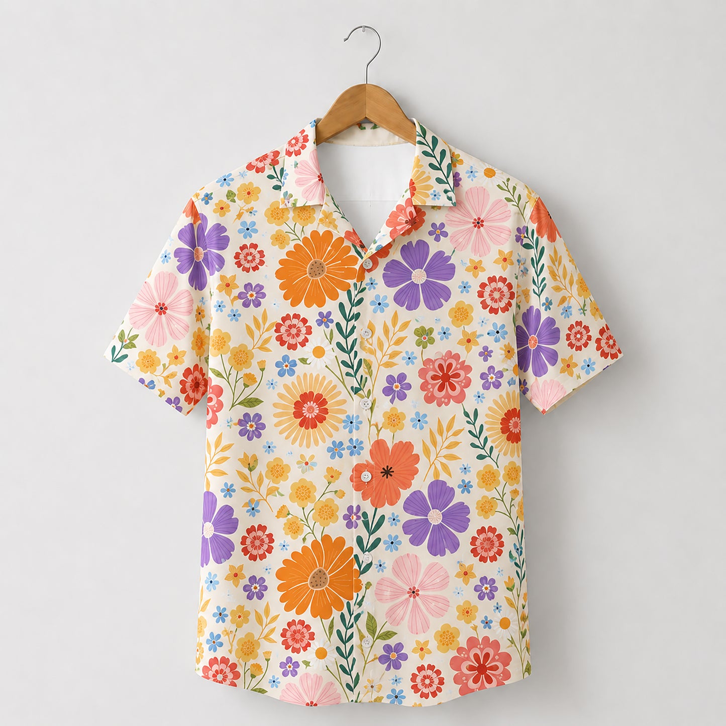HW-465-Cream Woven Summer Island Aloha Shirt, Retro Daisy Graphic Button Down Top Beachwear Raiment