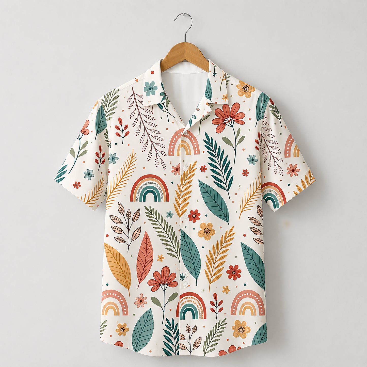 HW-474-Woven Summer Island Aloha Shirt, Earthy Tone Graphic Button Down Top Beachwear Raimen
