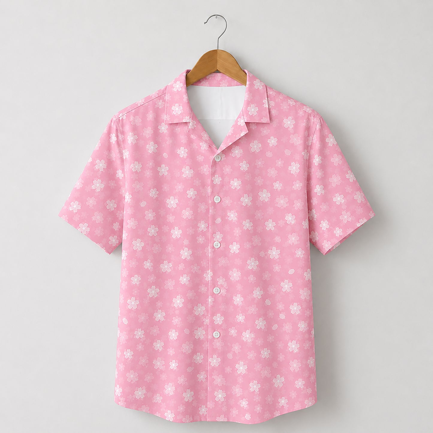 HW-475-Pink Polyester Hawaiian Resort Shirt, Ditsy Cherry Blossom Pattern Button Down Top Beachwear Clothing