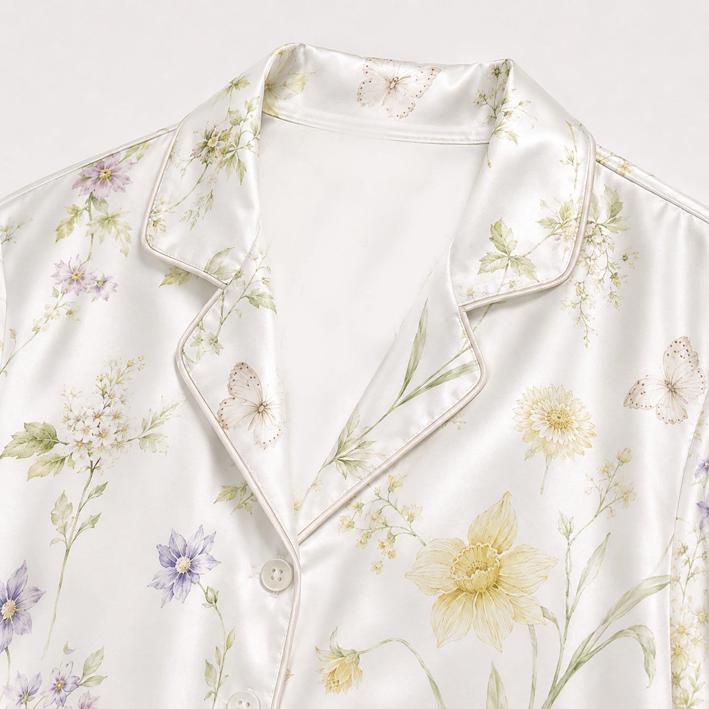 PJ-478-White Satin Butterfly Pajama Apparel, Botanical Floral Pattern Loungewear Sleepwear Collection Top Bottom Clothing
