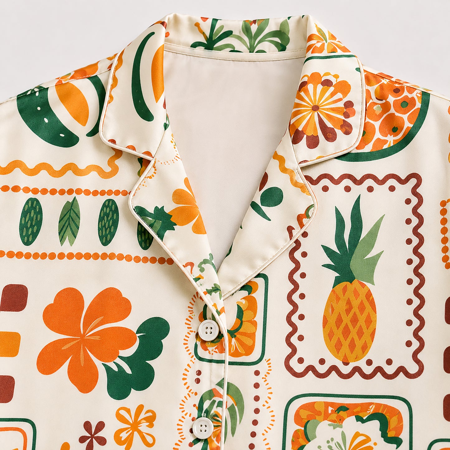 PJ-481-Cream Satin Pineapple Pajama Apparel, Tropical Fruit Pattern Loungewear Sleepwear Collection Top Bottom Clothing