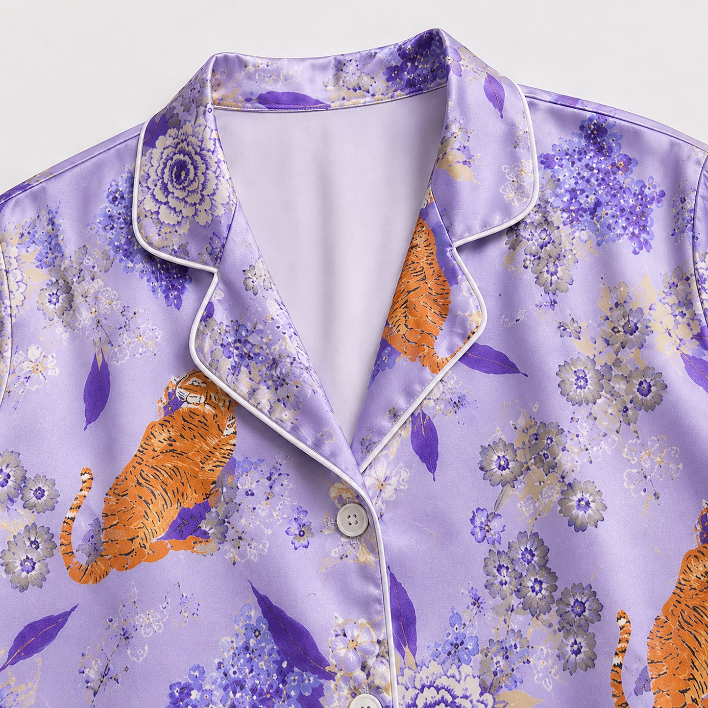 PJ-488-Purple Satin Tiger Pajama Apparel, Floral Botanical Pattern Loungewear Sleepwear Collection Top Bottom Clothing
