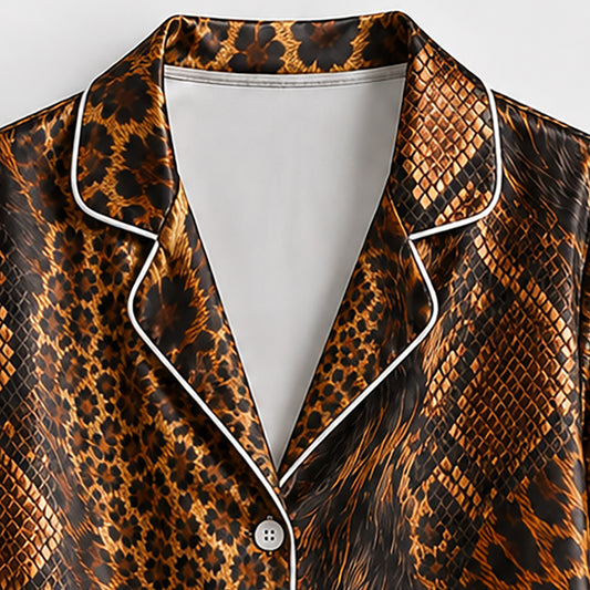 PJ-497-Exotic Animal Print Satin Pajama Button Up Sleepwear Set In Brown Tones