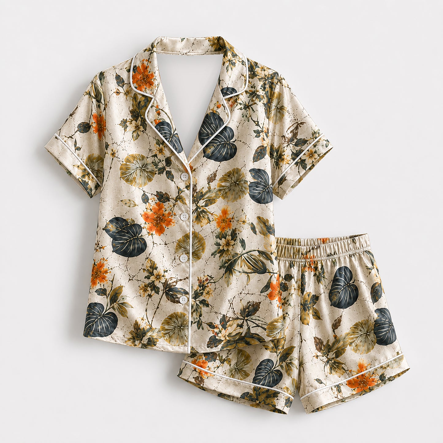 PJ-509-Fabric Aesthetic Pajama Apparel, Whimsical Leafy Graphic Loungewear Sleepwear Collection Top Bottom Raiment