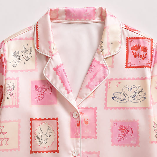 PJ-513-Vintage Stamp Swan Pink Satin Pajama Set Romantic Rose Sleepwear Coquette Loungewear