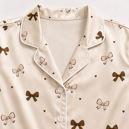 PJ-518-Ribbon and Bow Pattern Satin Pajama Set, Soft Button-Up Sleepwear with Coordinated Lounge Pants