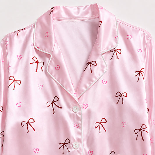 PJ-521-Pink Awareness Ribbon and Bow Print Sleepwear Ensemble Featuring a Matching Pajama Shirt and Comfortable Lounge Bottoms
