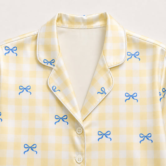 PJ-524-Yellow Synthetic Bow Pajama Apparel, Gingham Printed Loungewear Sleepwear Collection Top Bottom Matching Attire