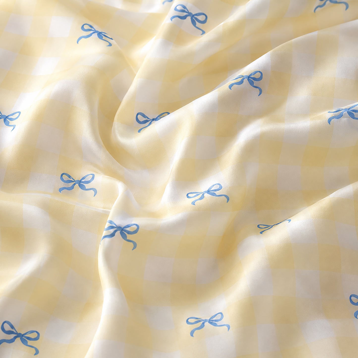 PJ-524-Yellow Synthetic Bow Pajama Apparel, Gingham Printed Loungewear Sleepwear Collection Top Bottom Matching Attire