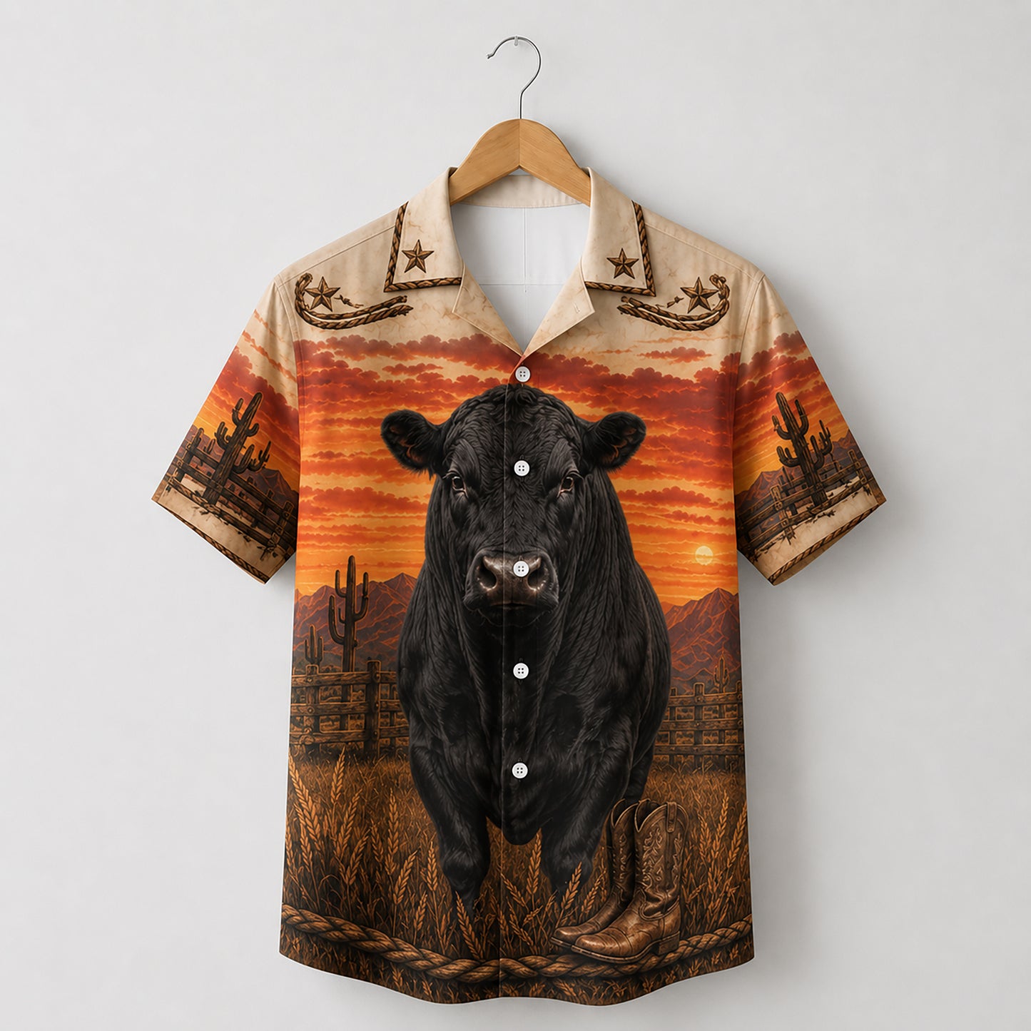 HW-533-Black Bull Desert Sunset Satin Hawaiian Shirt Western Country Ranch Button Up Apparel