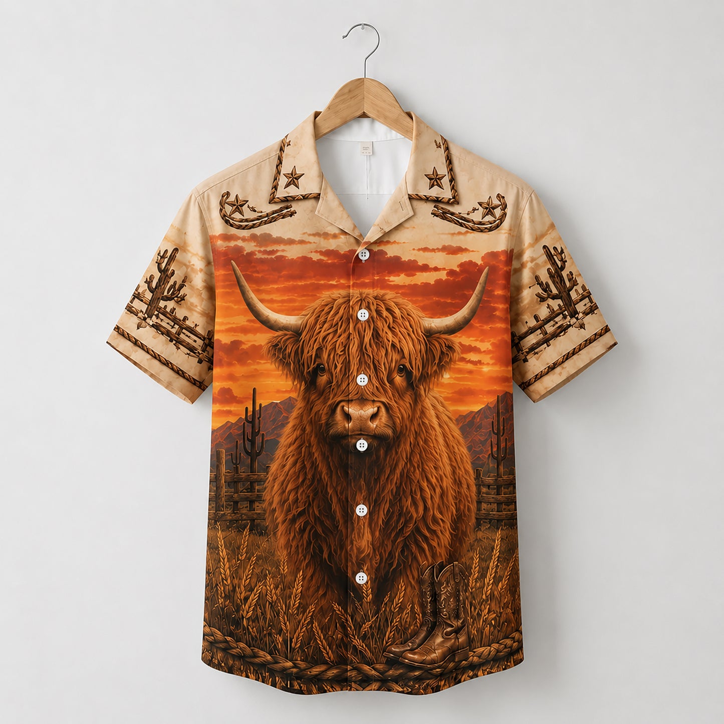 HW-535-Highland Cow Desert Sunset Satin Hawaiian Shirt Western Ranch Cowboy Button Up Apparel