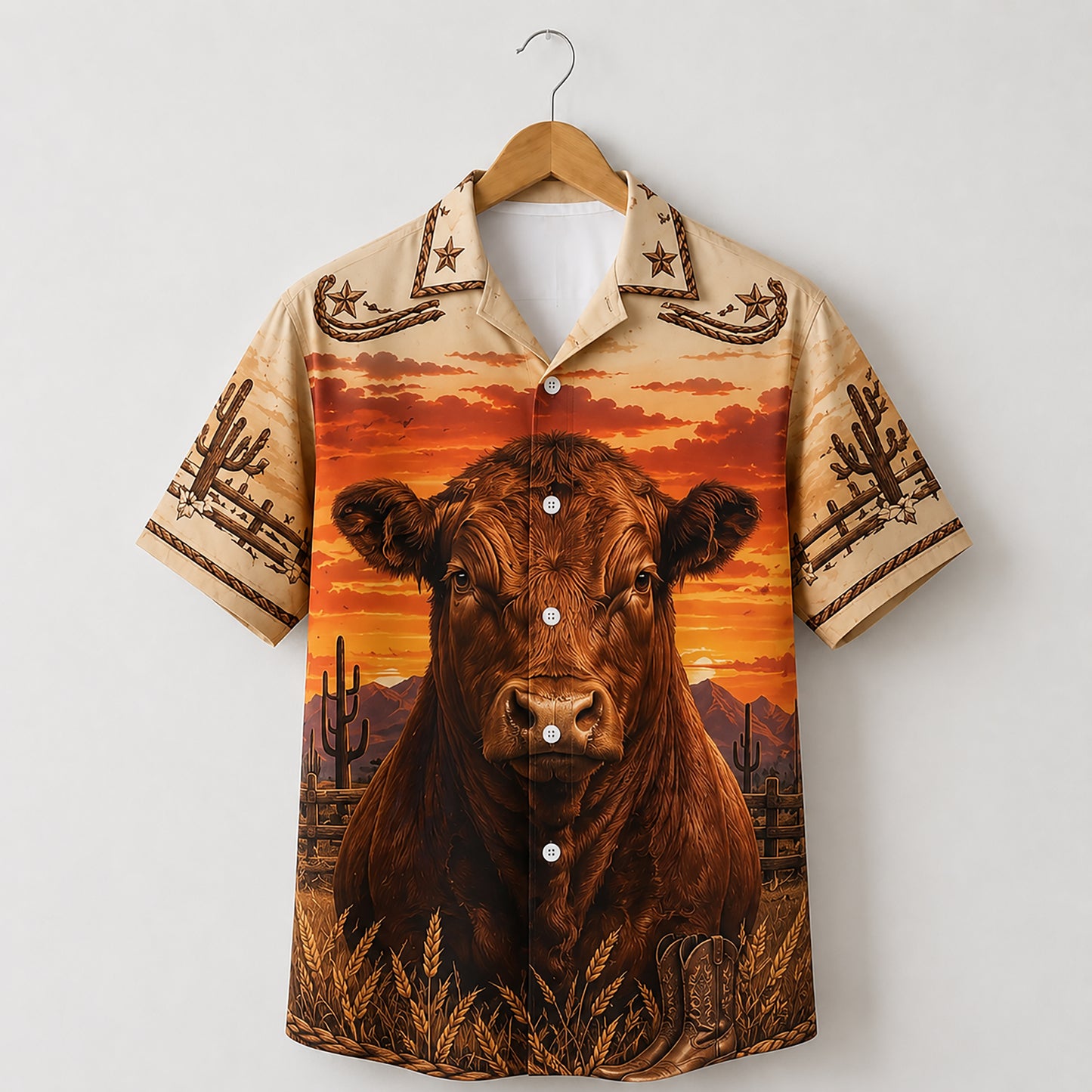 HW-536-Brown Bull Desert Sunset Satin Hawaiian Shirt Western Ranch Rodeo Button Up Apparel