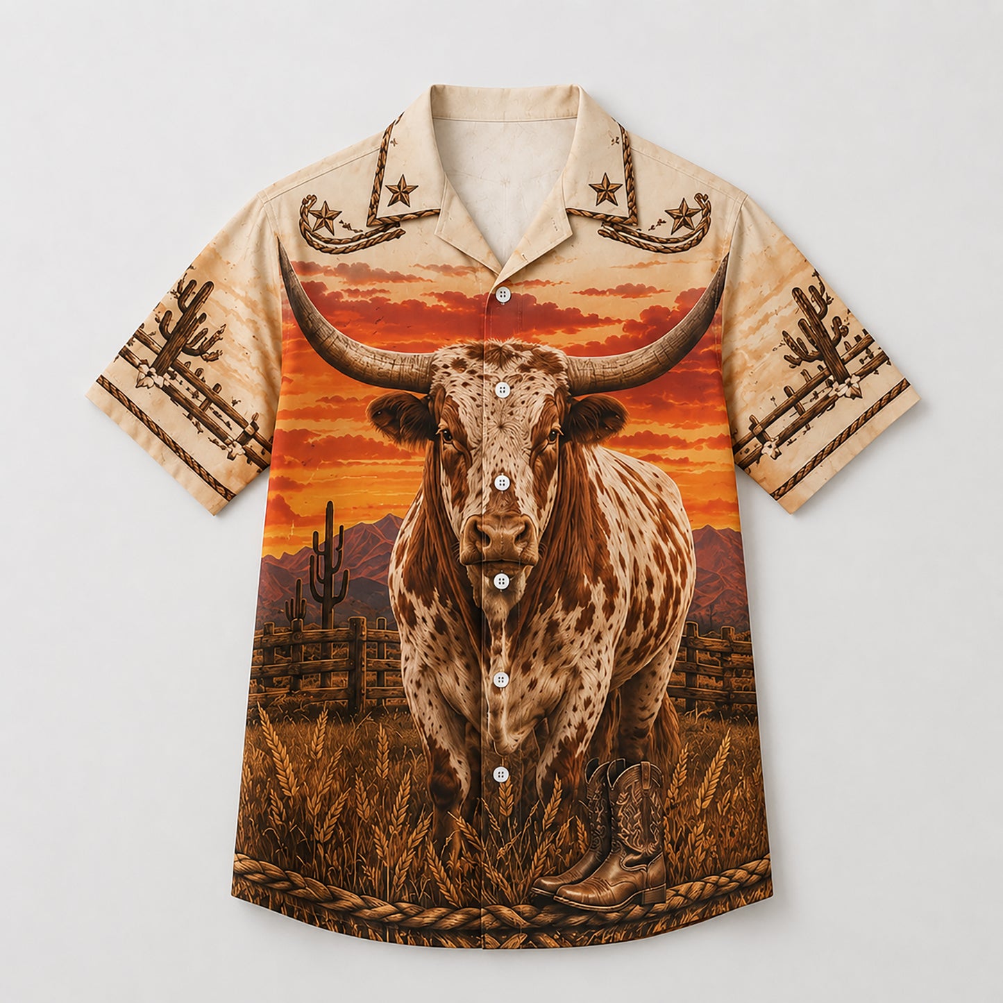 HW-537-Spotted Texas Bull Desert Sunset Satin Hawaiian Shirt Western Cowboy Ranch Button Up Apparel