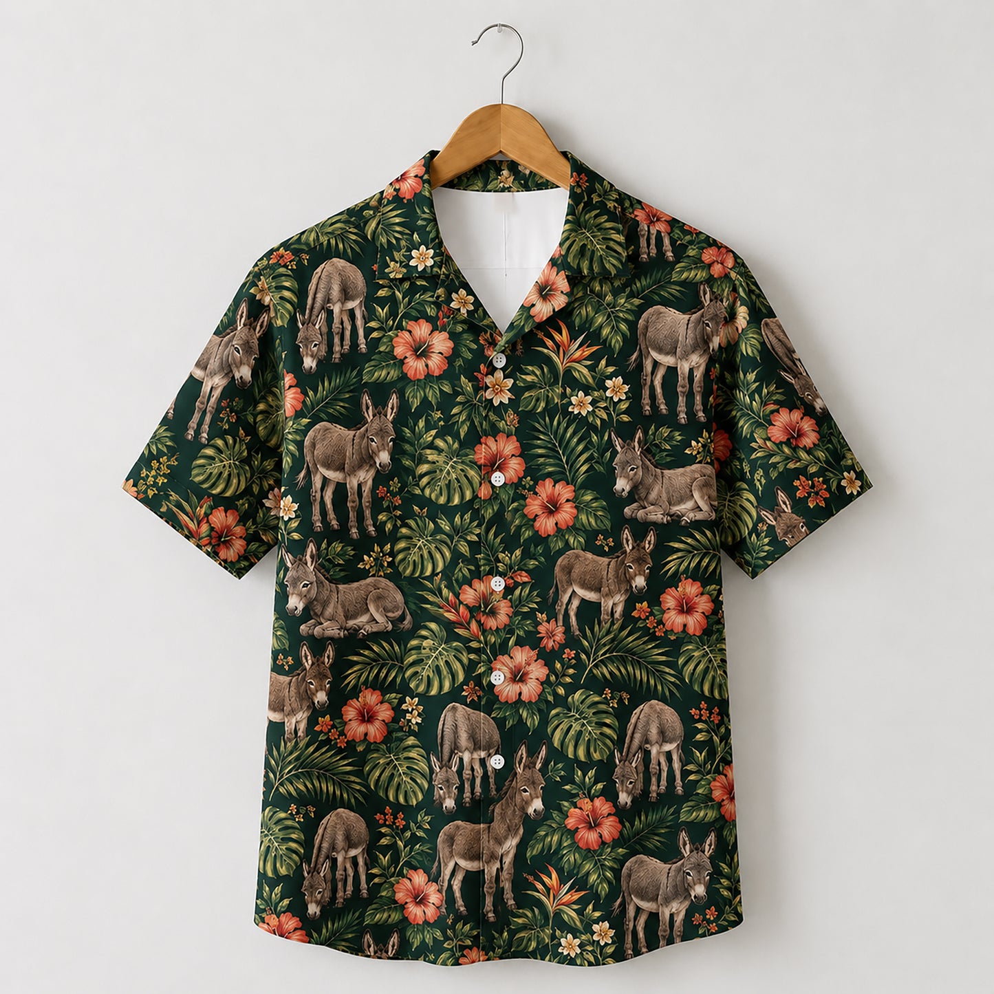 HW-540-Donkey Tropical Hibiscus Green Satin Hawaiian Shirt Botanical Floral Animal Print Vacation Button Up