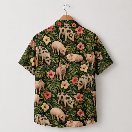 HW-541-Cattle and Wildlife Pig Pattern Hawaiian Shirt, Casual Tropical Vacation Button-Up
