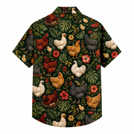 HW-543-Farm Animal Chicken Hawaiian Shirt, Tropical Aloha Button-Up with Rustic Country Print