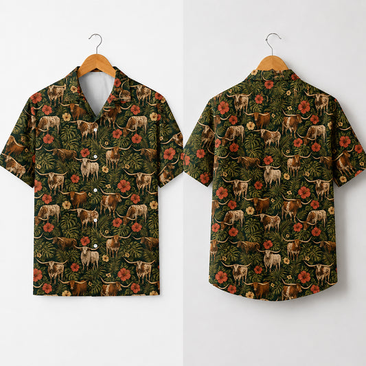 HW-550-Texas Longhorn Cattle Graphic Hawaiian Shirt, Lightweight Tropical Resort Style Shirt
