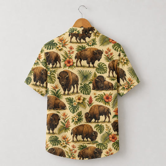 HW-552-American Bison Hawaiian Shirt, Button-Up Camp Shirt with Nature and Animal Graphics