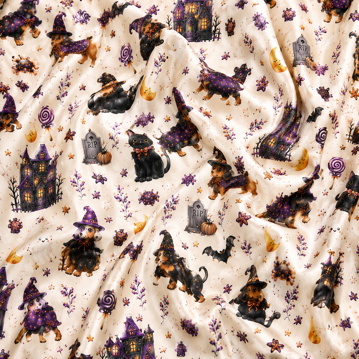 PJ-579-Ivory Satin Spooky Dachshund And Black Cat Pajamas Halloween Haunted House Sleepwear