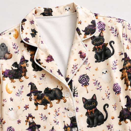 PJ-579-Ivory Satin Spooky Dachshund And Black Cat Pajamas Halloween Haunted House Sleepwear