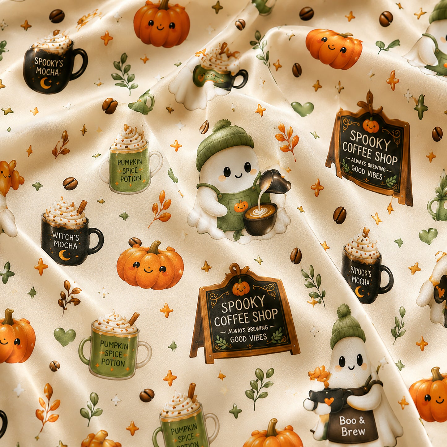PJ-580-Cream Satin Spooky Coffee Shop Ghost Pajamas Autumn Pumpkin Sleepwear Set