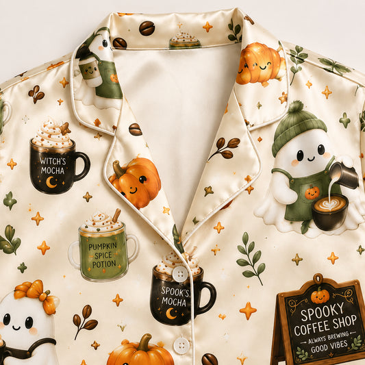 PJ-580-Cream Satin Spooky Coffee Shop Ghost Pajamas Autumn Pumpkin Sleepwear Set
