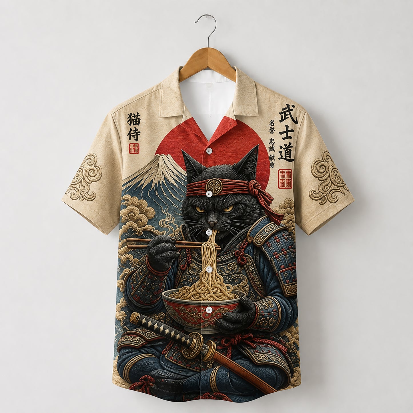 HW-581-Samurai Cat Ramen Satin Hawaiian Shirt Vintage Japanese Mount Fuji Animal Print Top