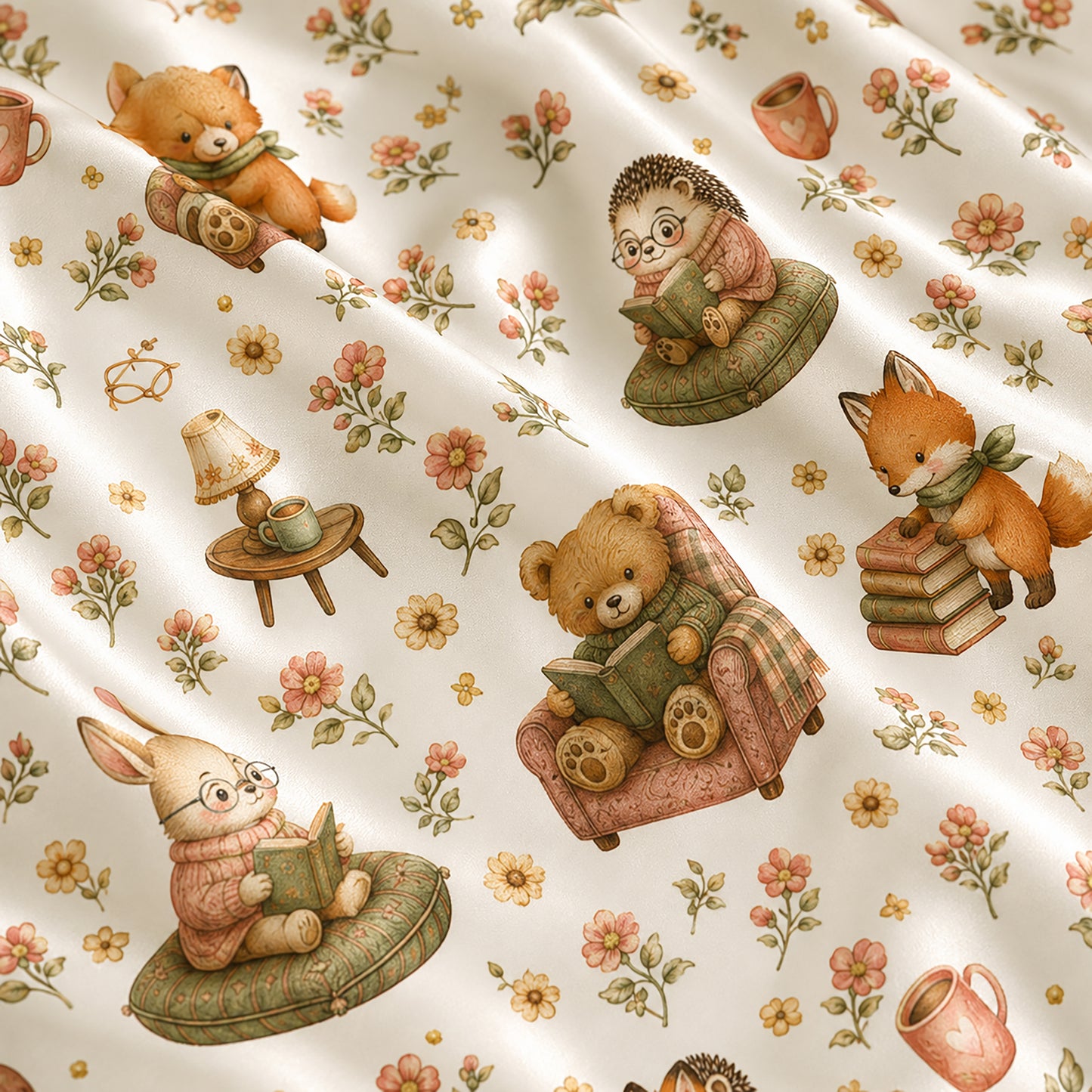 PJ-584-Cottagecore Woodland Animal Satin Pajamas Reading Book Floral Fox Bear Sleepwear