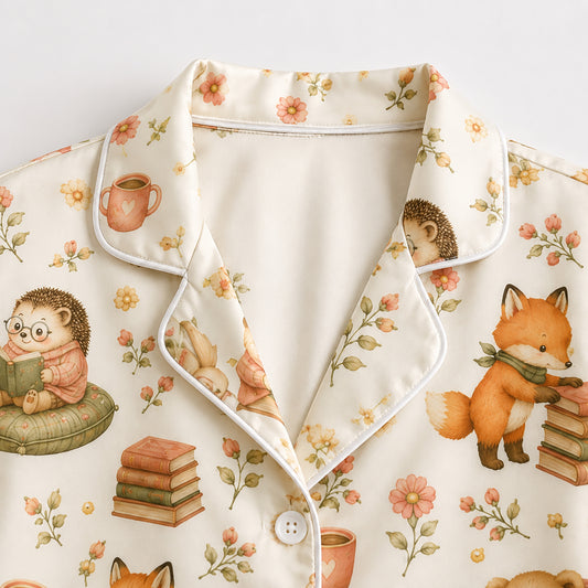 PJ-584-Cottagecore Woodland Animal Satin Pajamas Reading Book Floral Fox Bear Sleepwear