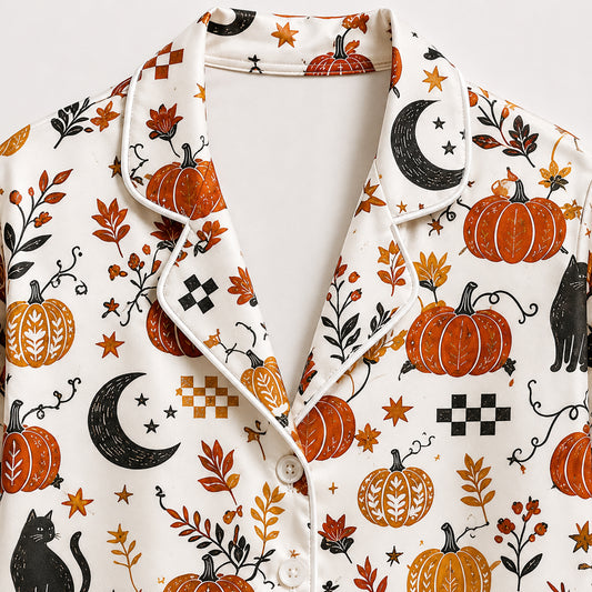 PJ-585-Autumn Pumpkin Black Cat Satin Pajamas Fall Foliage Moon Sleepwear