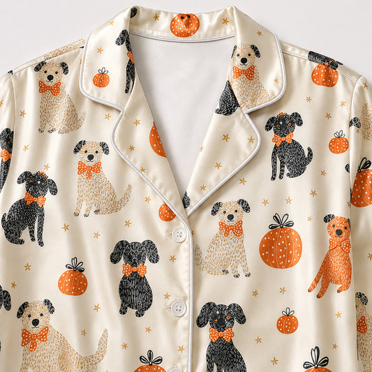 PJ-586-Cream Satin Autumn Dog And Pumpkin Pajamas Fall Pet Sleepwear